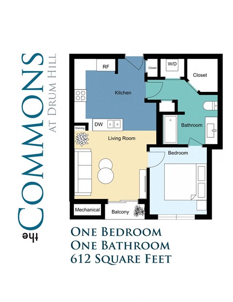 Floor plan for 1 bed, 1 bath, 777 sqft